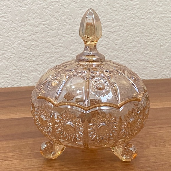 Iridescent Gold Crystal Carnival Glass Footed Flower Relief Lidded Candy Dish - Picture 2 of 12